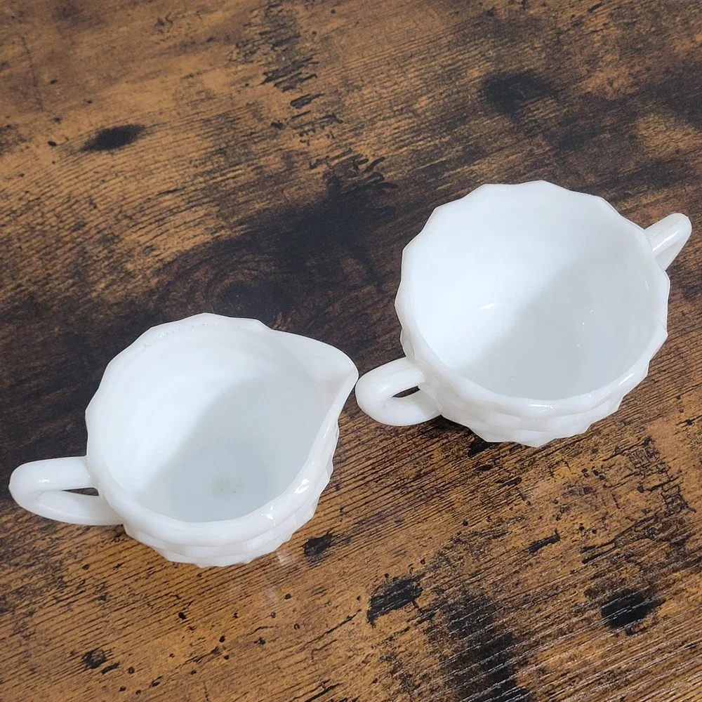 Anchor Hocking Milk Glass Sugar Creamer White Cube Diamond Pattern